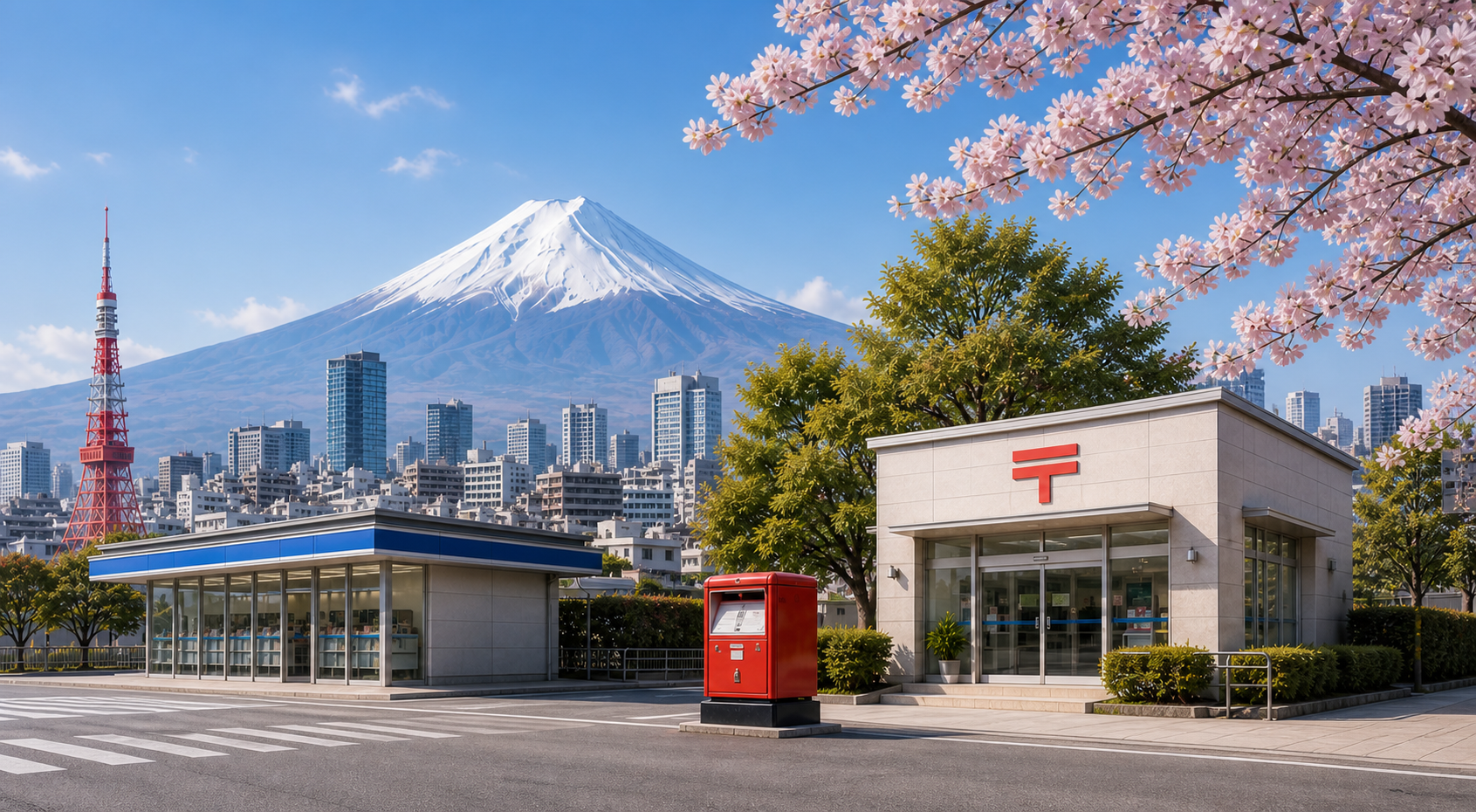 Monte Fuji, loja de conveniência sem marca, Correios do Japão e ramos de sakura